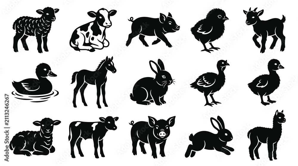 Obraz premium Black and White Silhouette Farm Baby Animals Glyph Icon Set - Cute Domestic Livestock Vector Collection