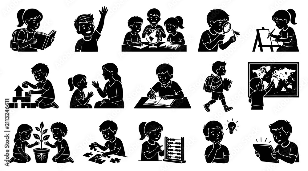 Fototapeta premium Black White Line Art of Children Learning and Studying in Various Activities