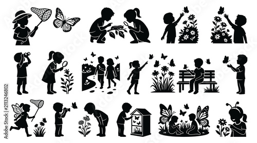 Black and White Silhouettes of Children Observing Butterflies, Nature Exploration