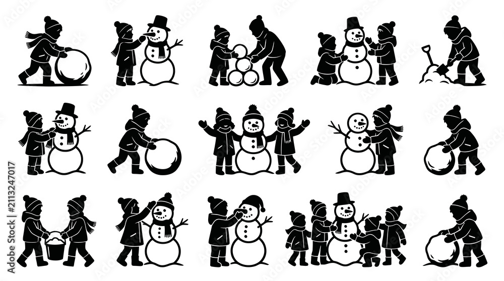 Naklejka premium Black White Line Art Children Building Snowman, Winter Activity Icons