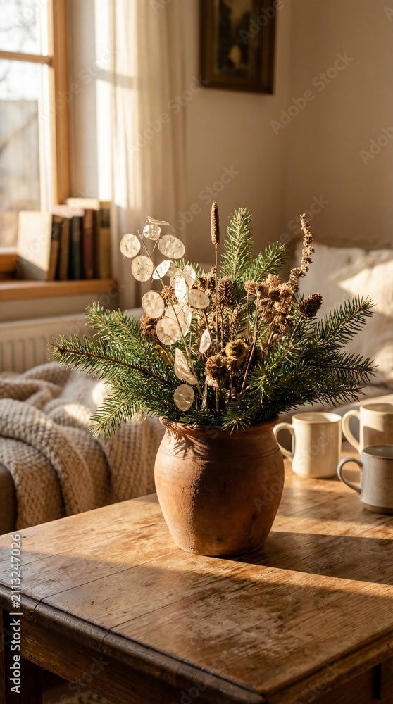Fototapeta premium Rustic clay vase with pine branches and dried flowers stands on a wooden table in sunlight. Cozy winter interior scene with warm atmosphere. Perfect for hygge lifestyle and decor concepts.