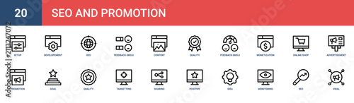 Set of 20 outline web SEO and Promotion icons such as viral marketing, seo, monitoring, idea, positive review, sharing, targetting vector icons for report, presentation, diagram, web design, mobile