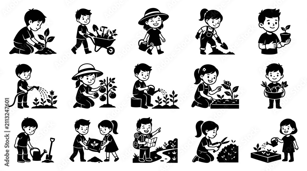 Obraz premium Black White Line Art Illustrations of Happy Kids Gardening, Planting, and Harvesting Vegetables