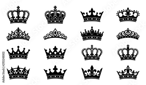 Black royal crown collection with majestic king queen tiara heraldic coronet and luxury vector silhouette icons