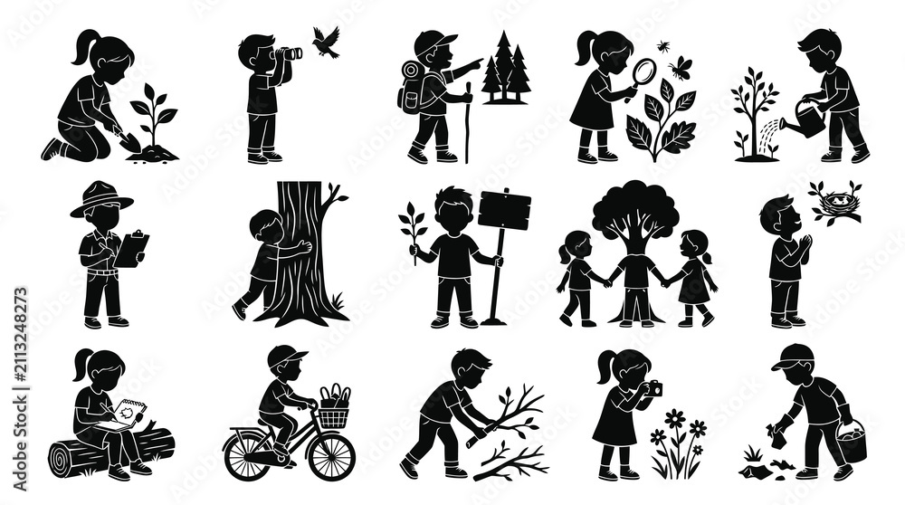 Obraz premium Children Environmental Care Black White Silhouettes of Activities