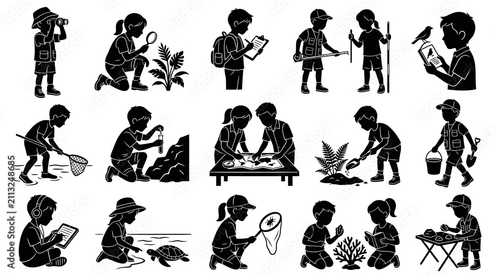 Obraz premium Children's Outdoor Education and Science Exploration Silhouette Vector Icon Set