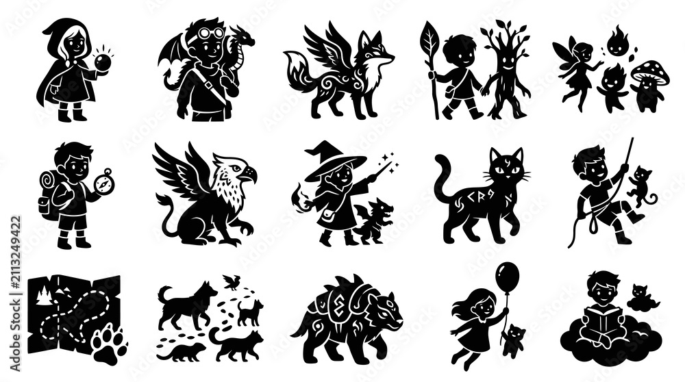 Fototapeta premium Fantasy Black and White Glyph Icons of Magical Creatures and Characters