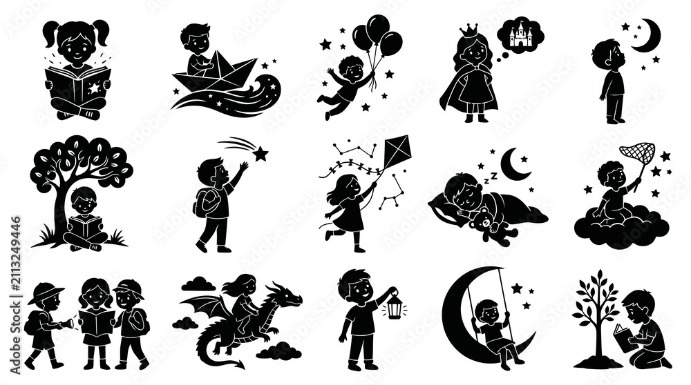 Naklejka premium Children Imagination Education Black White Glyph Silhouettes: Kids Reading, Dreaming Playing Icons Set