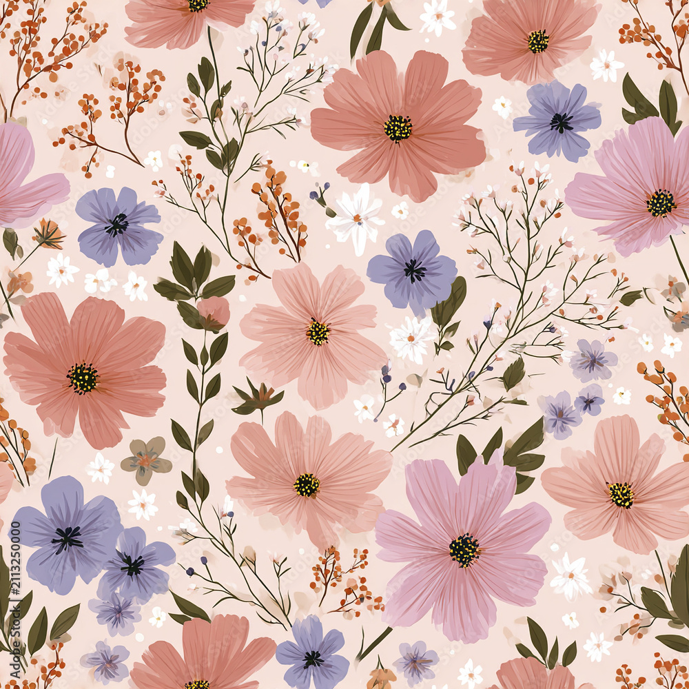 Obraz premium Soft blush pink and lavender floral pattern with green leaves and delicate branches