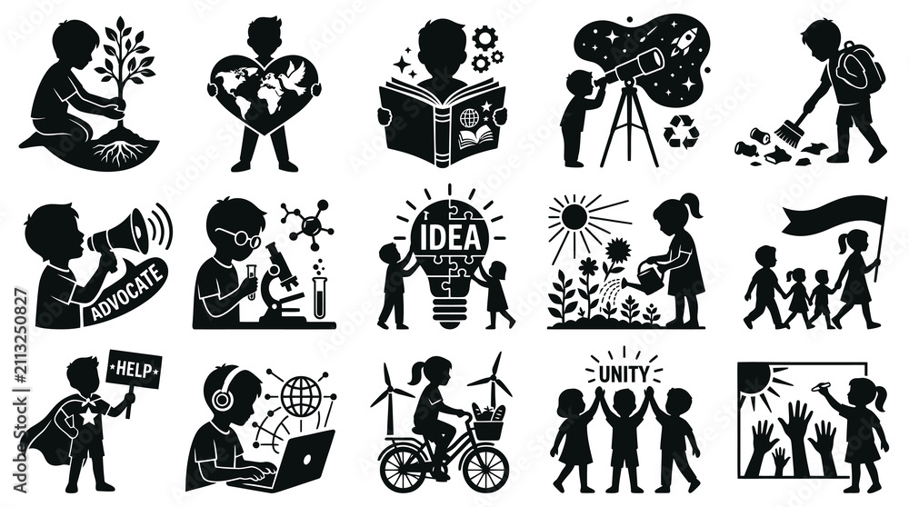 Naklejka premium Glyph Vector Icons: Children Education, Environmental Protection Social Responsibility. Kids Learning Community Support Silhouettes.
