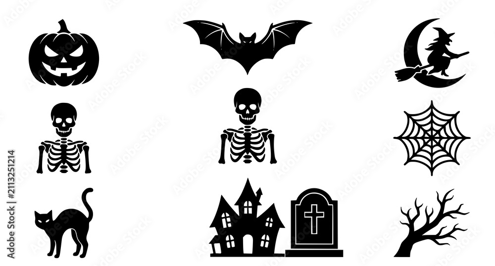 Fototapeta premium A collection of black silhouette icons representing traditional halloween symbols including pumpkins skeletons bats witches haunted houses and scary creatures