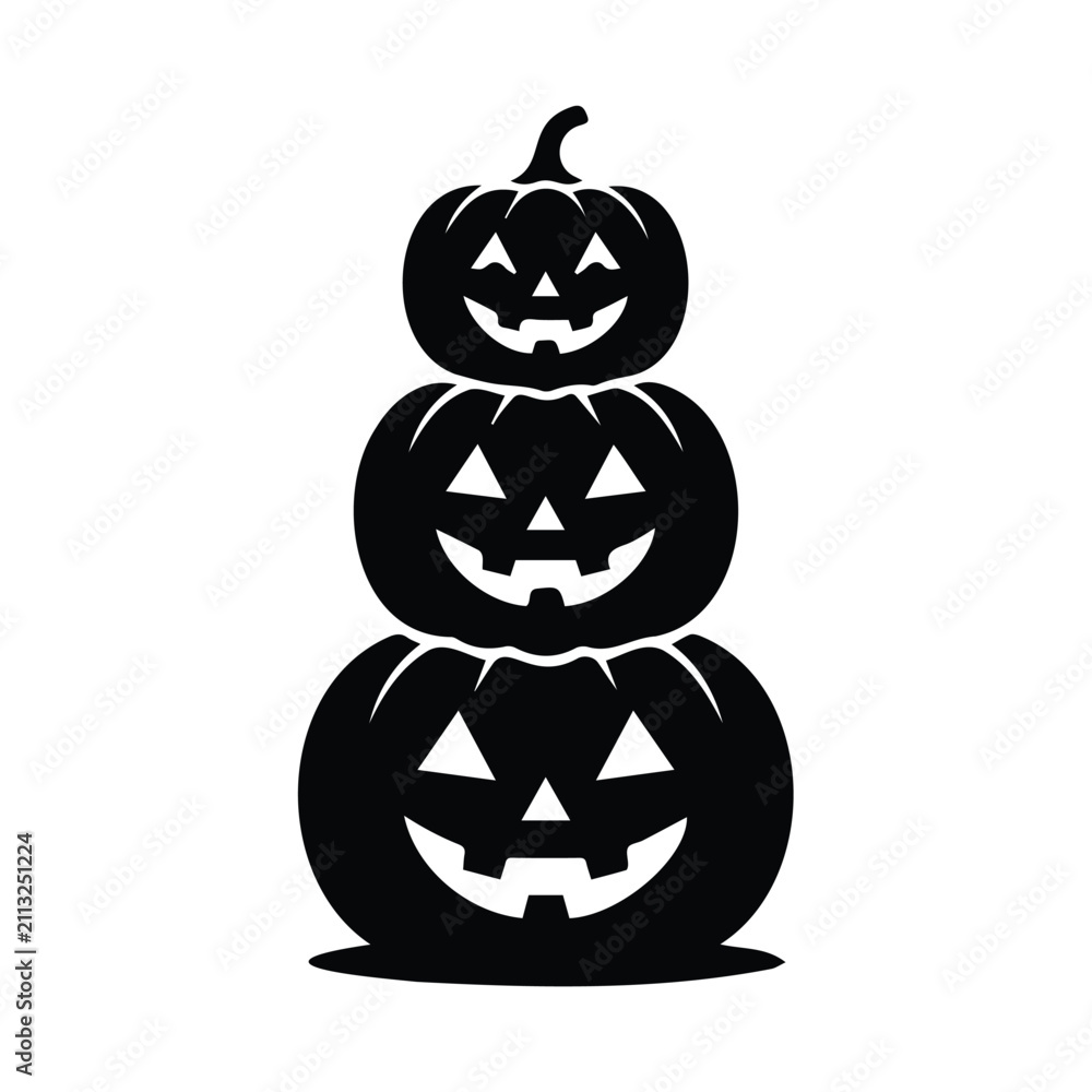 Obraz premium Stack of three jack o lantern pumpkins with smiling faces for seasonal autumn decorations.