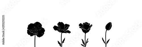 Four Black Poppy Flowers with Intricate Petal Details Each Arranged in a Row Featuring Flower, Petals, Floral with Design