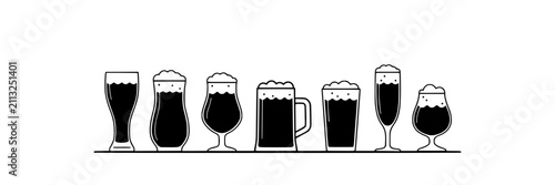 Beer Glasses and a Beer Mug Lined Up on a Table Featuring Drink, Alcohol, Beverage with Bar and Pub Elements for Restaurant, Line