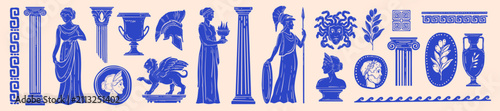 Greek ancient illustration set, hand drawn Rome mythology silhouette sign, engraving antique print. Goddess Athena sculpture, female statue, classic pillar traditional amphora. Greek mythology sticker