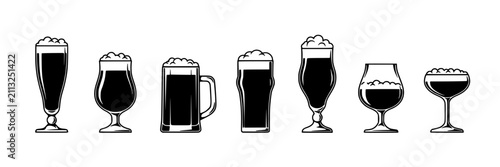 Beer Glasses and a Beer Mug with Different Shapes and Designs Featuring Glass, Drink, Beverage with Alcohol and Bar Elements
