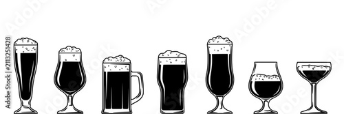 Beer Glasses and Mug Filled with Dark Beer and Foam on Top, Illustrated in a Set of Six Different Styles
