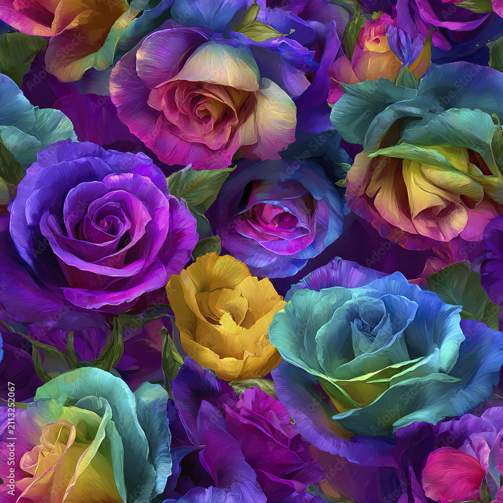 Obraz premium Vibrant seamless floral pattern with colorful roses in purple, blue, yellow, and green hues