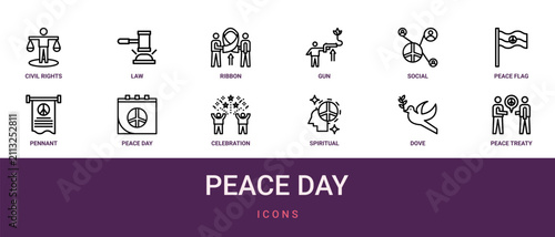 Set of 12 outline web Peace Day icons such as peace treaty, dove, spiritual, celebration, peace day, pennant, peace flag vector icons for report, presentation, diagram, web design, mobile app
