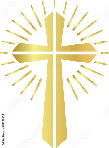 Quadro su tela Golden Christian Cross with Glowing Light Rays