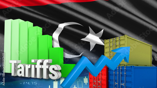 The Libyan flag, shipping containers, and financial charts illustrate trade policy, Libya tariffs, the logistics sector, and economic growth trends.