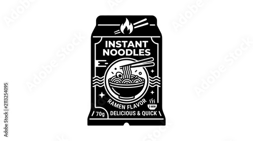 Minimalist black and white vector illustration of an instant noodle packaging bag.