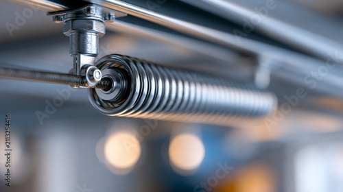 The coiled spring on a garage door cable assembly mounted in a ceiling track, home hardware mechanism detail, with copy space