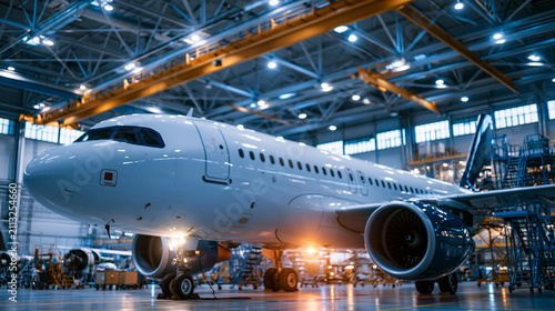 Passenger airplane undergoing engine and fuselage inspection inside an aerospace hangar, large aircraft service scene, aviation maintenance concept, with copy space