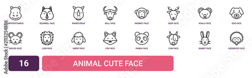 Canvas Print Set of 16 outline web Animal Cute Face icons such as hedgehog face, rabbit face,