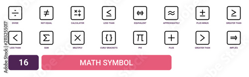 Bild auf Leinwand Set of 16 outline web Math Symbol icons such as implies, greater than, plus, phi