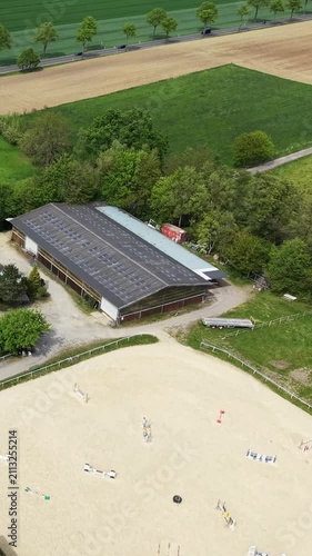 Aerial view of horse show jumping arena
