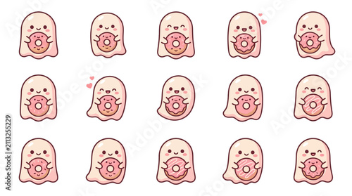 Foto Kawaii ghost characters holding donuts inside pink circular badges