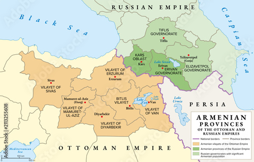 Armenian provinces of the Ottoman and Russian Empires, history map. The six vilayets or provinces of Western Armenia, and Eastern Armenia, consisting of Kars Oblast and Erivan Governorate. Vector