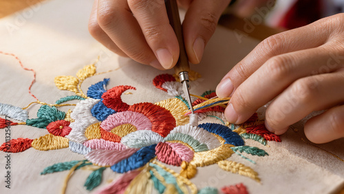 Hands embroidering a colorful floral pattern with a needle on fabric, traditional needlework and handmade craft close up with warm light and copy space