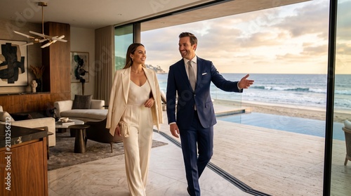 Luxury real estate agent showing modern beachfront villa to client, elegant couple in professional attire at sunset ocean view property