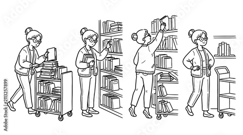 Four organizing books black indie line art character pose set