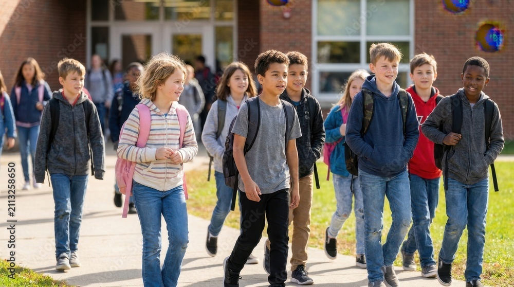 Naklejka premium Diverse group of elementary school children walking together outside school building.