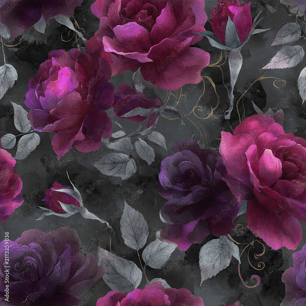 Obraz premium Dark seamless pattern with dramatic purple and magenta roses and gray leaves on black