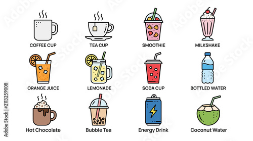 Фотография Colorful Illustrated Collection of Popular Beverages and Drinks.