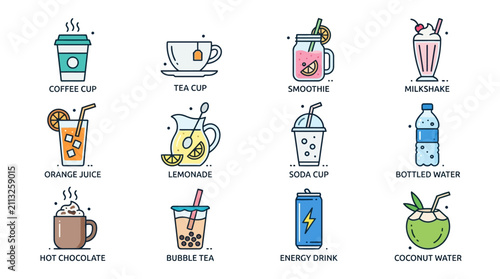 Quadro su tela Colorful illustrated collection of popular beverages and drinks.