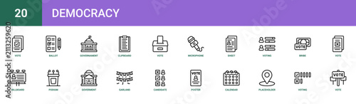 Set of 20 outline web Democracy icons such as vote, voting, placeholder, calendar, poster, candidate, garland vector icons for report, presentation, diagram, web design, mobile app