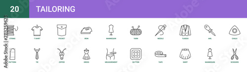 Set of 20 outline web Tailoring icons such as scissors, mannequin, skirt, tape, button, measurement, dress vector icons for report, presentation, diagram, web design, mobile app