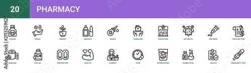 Set of 20 outline web Pharmacy icons such as pregnancy test, health insurance, phareutical, effervescent, dose, Pharist, healthy vector icons for report, presentation, diagram, web design, mobile app