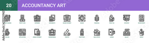 Set of 20 outline web Accountancy Art icons such as invest, ballot, Ledger, real estate agency, point of sale, profits, businessman vector icons for report, presentation, diagram, web design, mobile