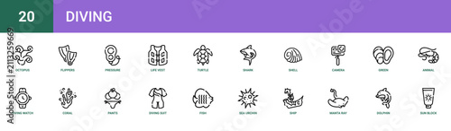 Set of 20 outline web Diving icons such as sun block, dolphin, manta ray, ship, sea urchin, fish, diving suit vector icons for report, presentation, diagram, web design, mobile app