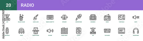 Set of 20 outline web Radio icons such as headphone, mix, car audio, on air, script, music wave, volume vector icons for report, presentation, diagram, web design, mobile app