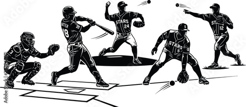 Принти на полотні Baseball player vector set with catcher, batter swinging, pitcher, fielder groun