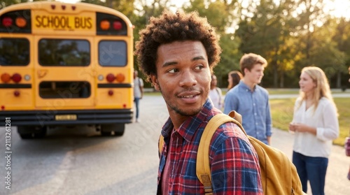 Teenage boy with backpack near school bus with friends in background.