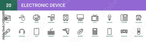 Set of 20 outline web Electronic Device icons such as remote control, projector, smartphone, calculator, usb drive, hand drill, keyboard vector icons for report, presentation, diagram, web design,