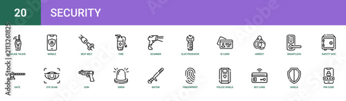 Fotografie Set of 20 outline web Security icons such as pin code, shield, key card, police